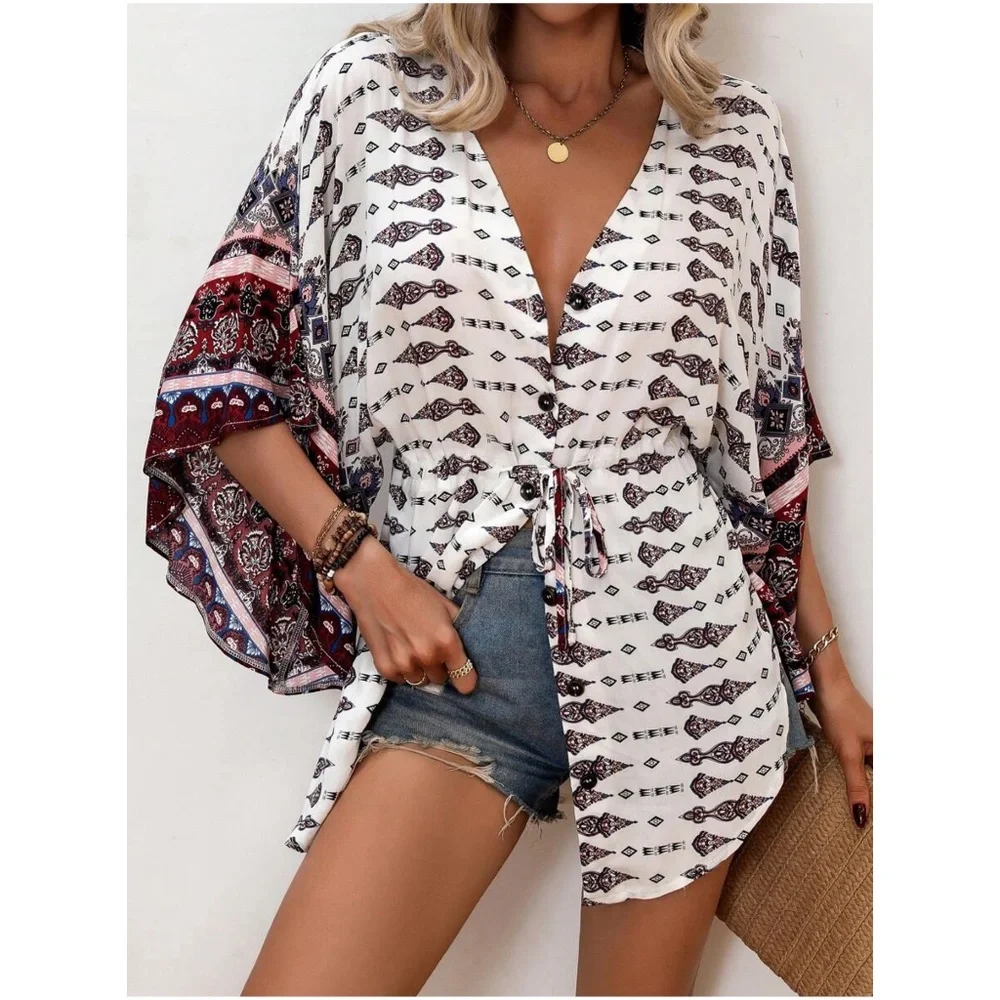 09 Geo Print Button up Waist Tie Loose Fit Top - Picture 1 of 5